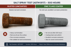 Salt spray test comparison of zinc flake coated versus uncoated bolts