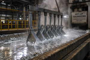 Steel components being lowered into a molten zinc galvanizing bath
