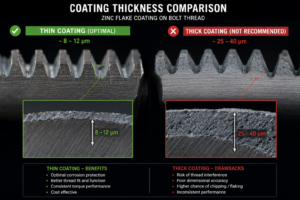 Macro/cross-section showing thin vs thick coating on a bolt thread