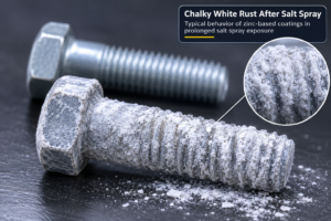 Bolt showing chalky white rust after salt spray