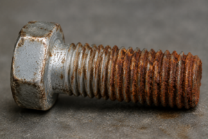 Bolt showing red rust where steel is exposed 