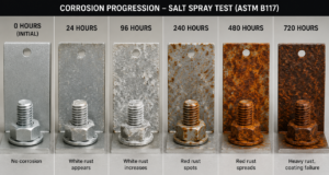Row of test panels/bolts at increasing corrosion stages 