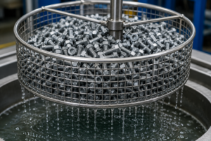 Dip-spin basket of zinc flake coated fasteners
