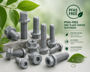 Zinc flake coated fasteners with a clean "PFAS-free / eco" visual treatment